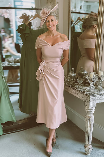 Off The Shoulder Blush Pink Sheath Mother Of The Bride Dress